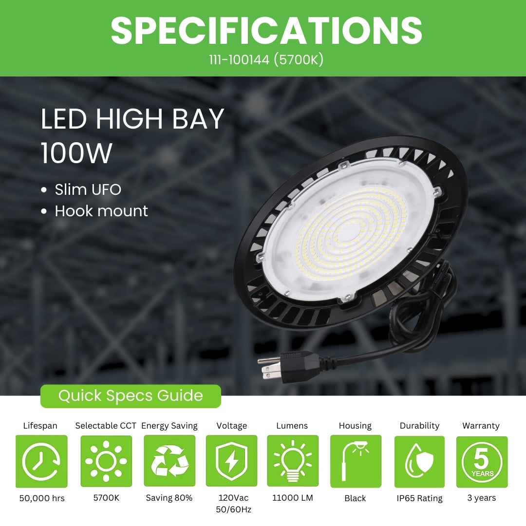 LED High Bay - 100W - 11,000 Lumens - Slim UFO - Hook Mount - UFO Series - UL