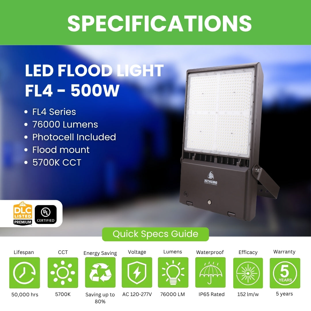 LED Flood Light - FL10 - 500W - 76000LM - Flood Mount - Photocell Included - UL, DLC 5.1 Premium