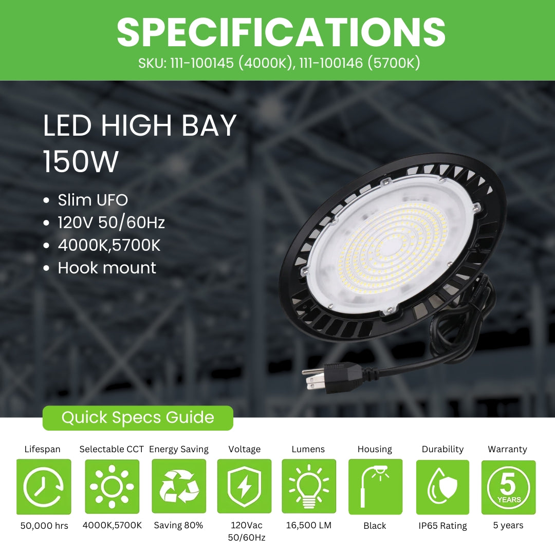 LED High Bay - 150W - 4 Pack - 16,500 Lumens - Slim UFO - Hook Mount - UFO Series - UL