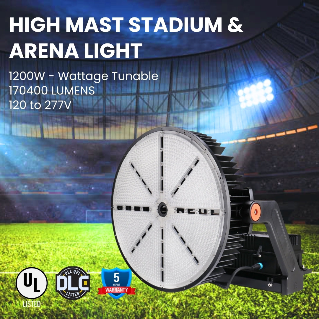 1200W High Mast Stadium & Arena Light - Wattage Adjustable – 171,600 Lumens LED Sports Flood Light Fixture for Stadiums, Arenas & Sports Fields – UL & DLC 5.1 Premium – 5 Year Warranty