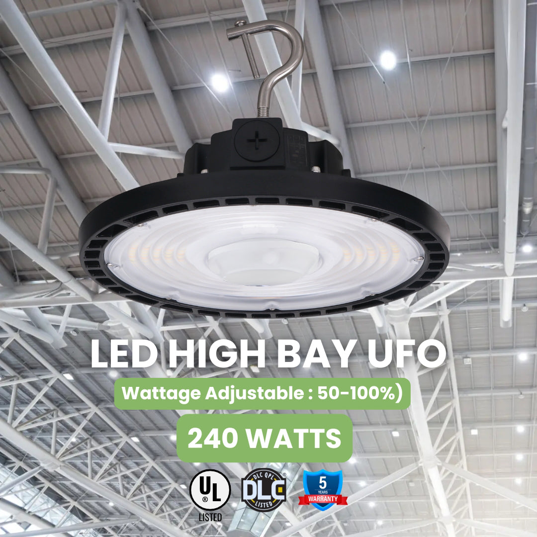 LED High Bay - 146 LM/ W- Wattage Tunable (240/200/150W) - CCT Selectable (5000K/4000K) - UFO7 - Hook Mount - Black -PIR Motion Sensor - UL DLC 5.1 Premium