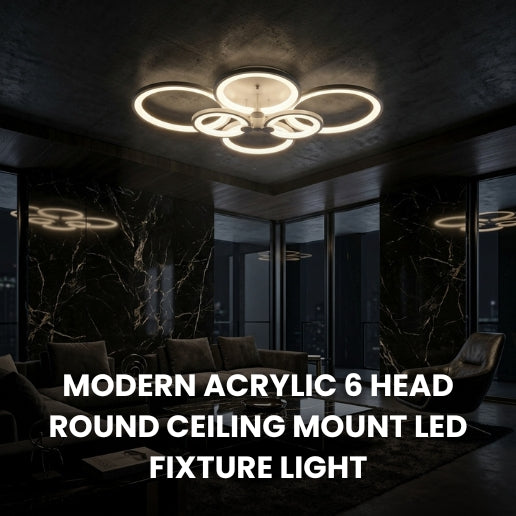 Modern Acrylic 6 Head Round Ceiling Mount LED Fixture Light – 90W Contemporary Flush Mount Ceiling Light