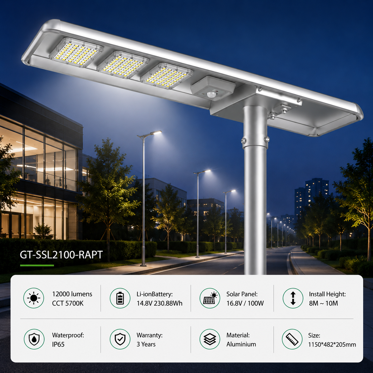 100W Raptor Solar LED Street Light - 12000 Lumens - 5700K Daylight - IP65 Waterproof - High Output - Li-ion Battery