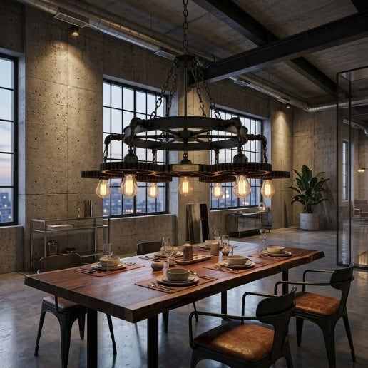 Pendant Light Industrial Chandelier Rustic 7 Gear Pipe Black Iron Dining Room Fixture
