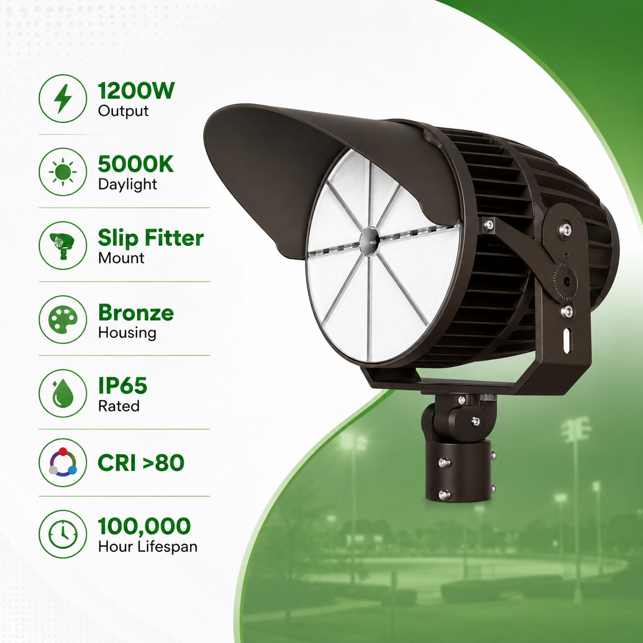 1200W LED High Mast Stadium & Arena Sport Light, SP Series, Slip Fitter Mount, Bronze, 5000K