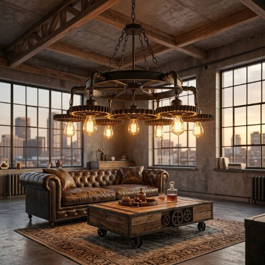 Pendant Light Industrial Chandelier Rustic 7 Gear Pipe Black Iron Dining Room Fixture