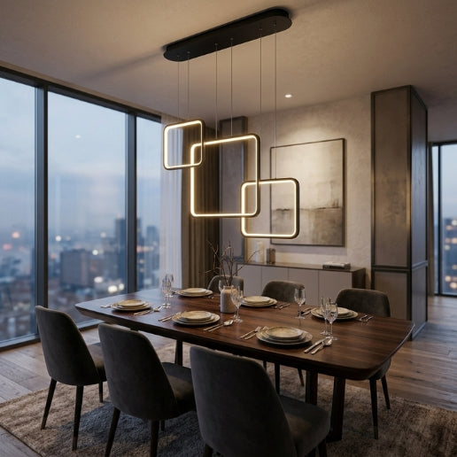 Modern LED Square Linear Suspension Chandelier Light Fixture in Black & White