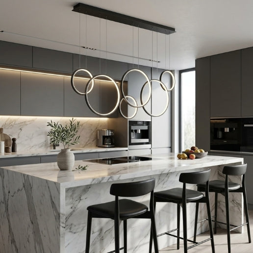 Modern 6 Ring LED Linear Suspension Chandelier Light Black & White 130W Contemporary Ceiling Fixture
