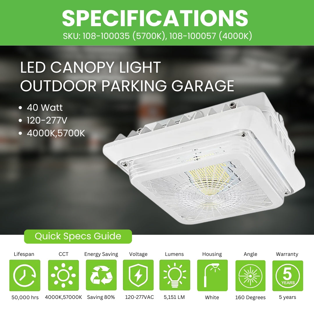 40W LED Canopy Garage Light - 5,151 Lumens - LED Parking Garage Light - PG02 - UL + DLC 5.1 Premium
