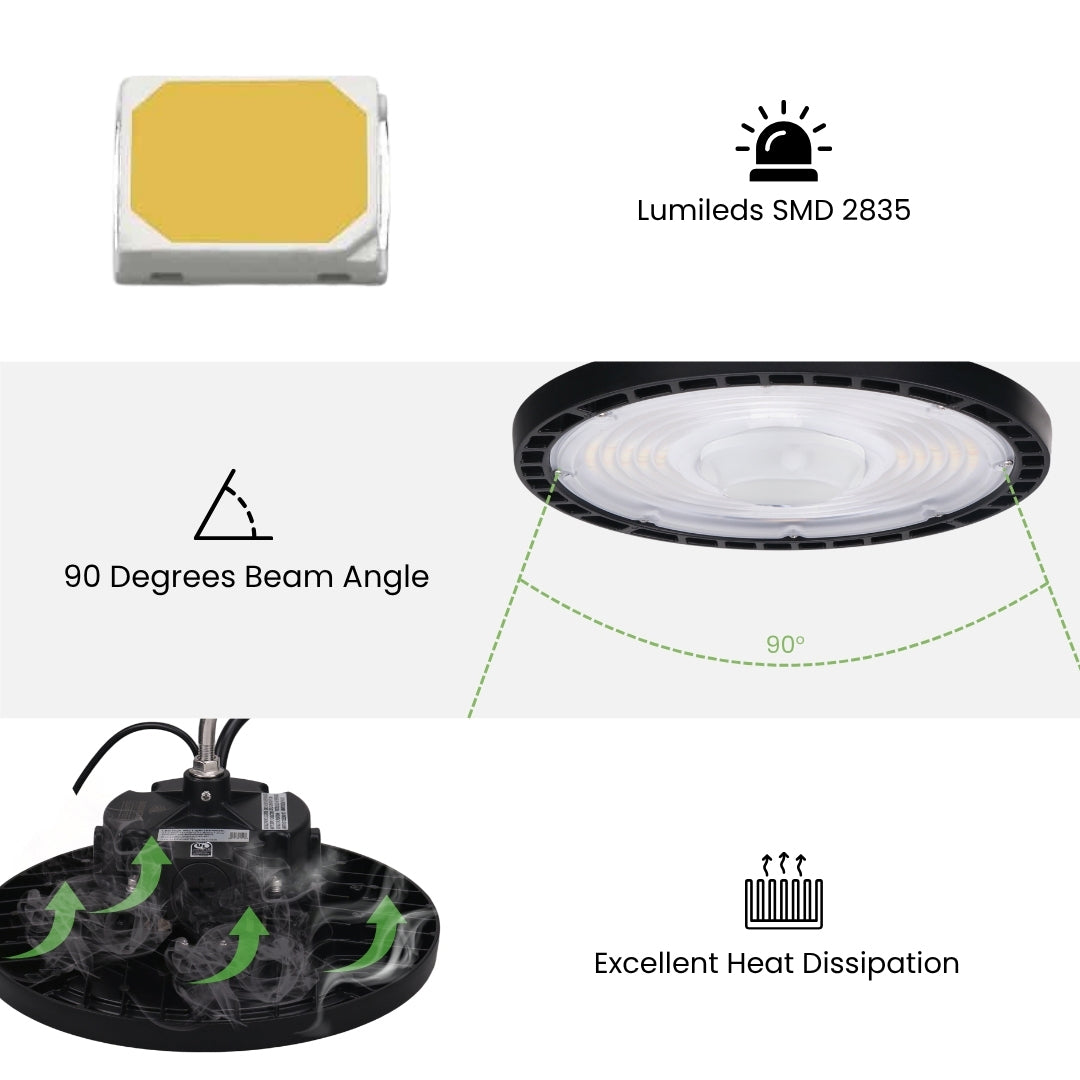 LED High Bay - 146 LM/ W- Wattage Tunable (240/200/150W) - CCT Selectable (5000K/4000K) - UFO7 - Hook Mount - Black -PIR Motion Sensor - UL DLC 5.1 Premium
