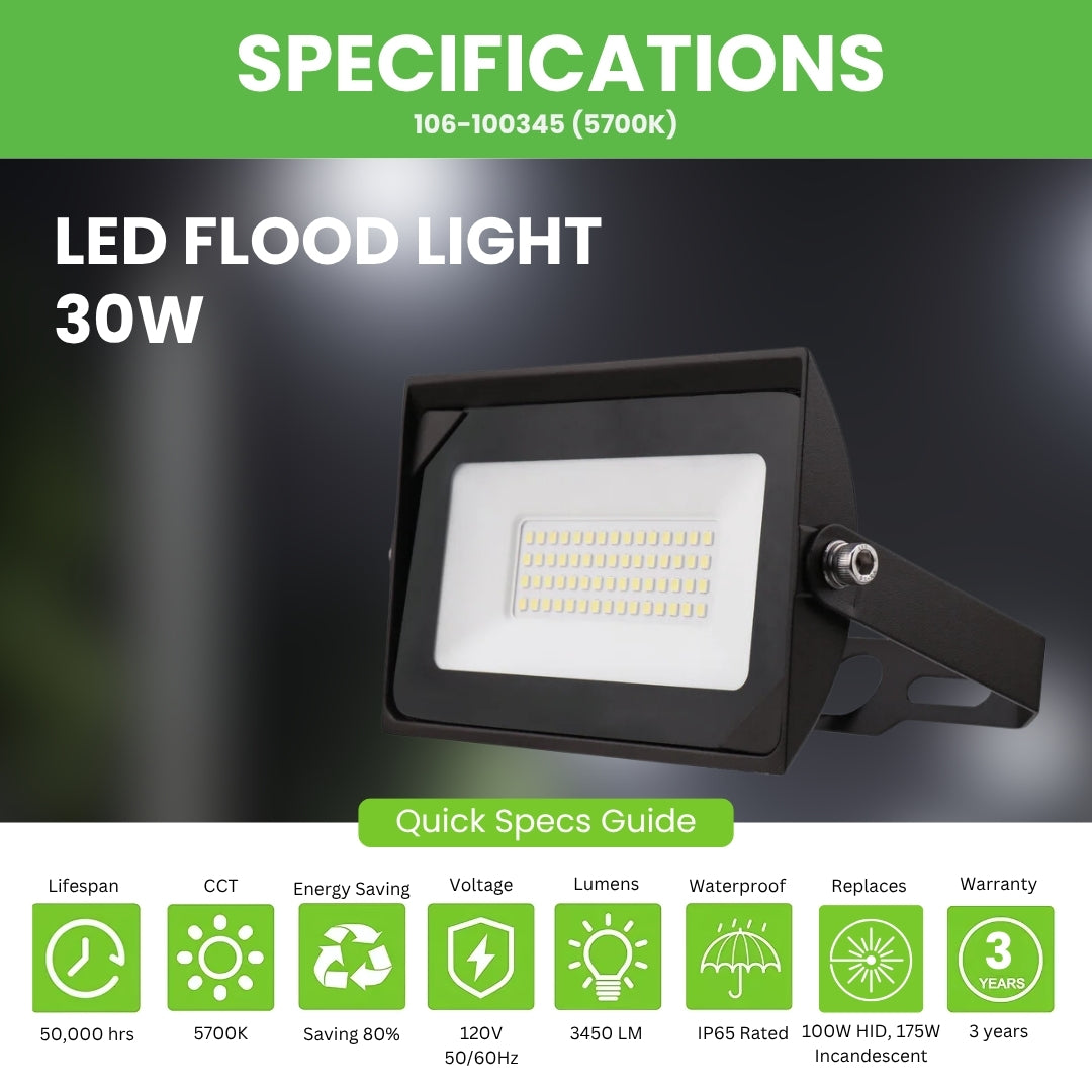 LED Flood Light - 30W - 3450LM - Flood Mount - (UL)