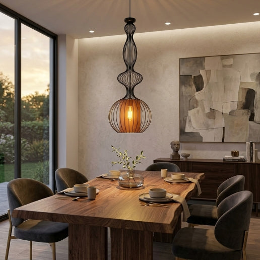 Modern Black Wire Frame Pendant Light with Diffuser – E26/E27 Hanging Ceiling Fixture
