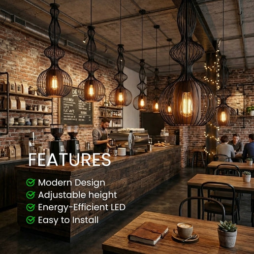 Modern Black Wire Frame Pendant Light with Diffuser – E26/E27 Hanging Ceiling Fixture
