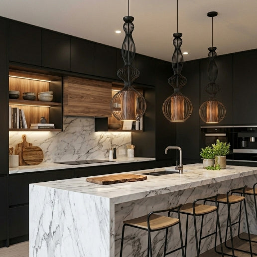 Modern Black Wire Frame Pendant Light with Diffuser – E26/E27 Hanging Ceiling Fixture