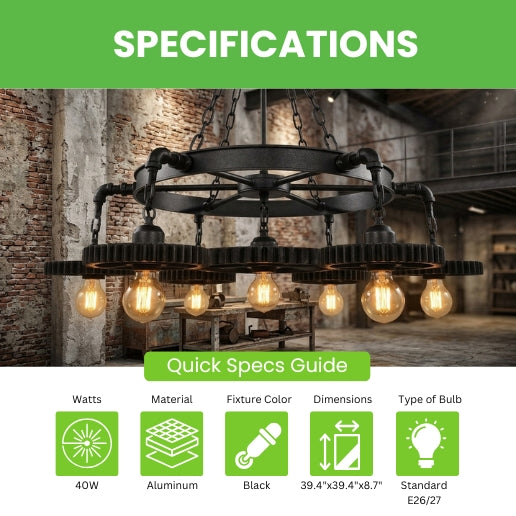 Pendant Light Industrial Chandelier Rustic 7 Gear Pipe Black Iron Dining Room Fixture