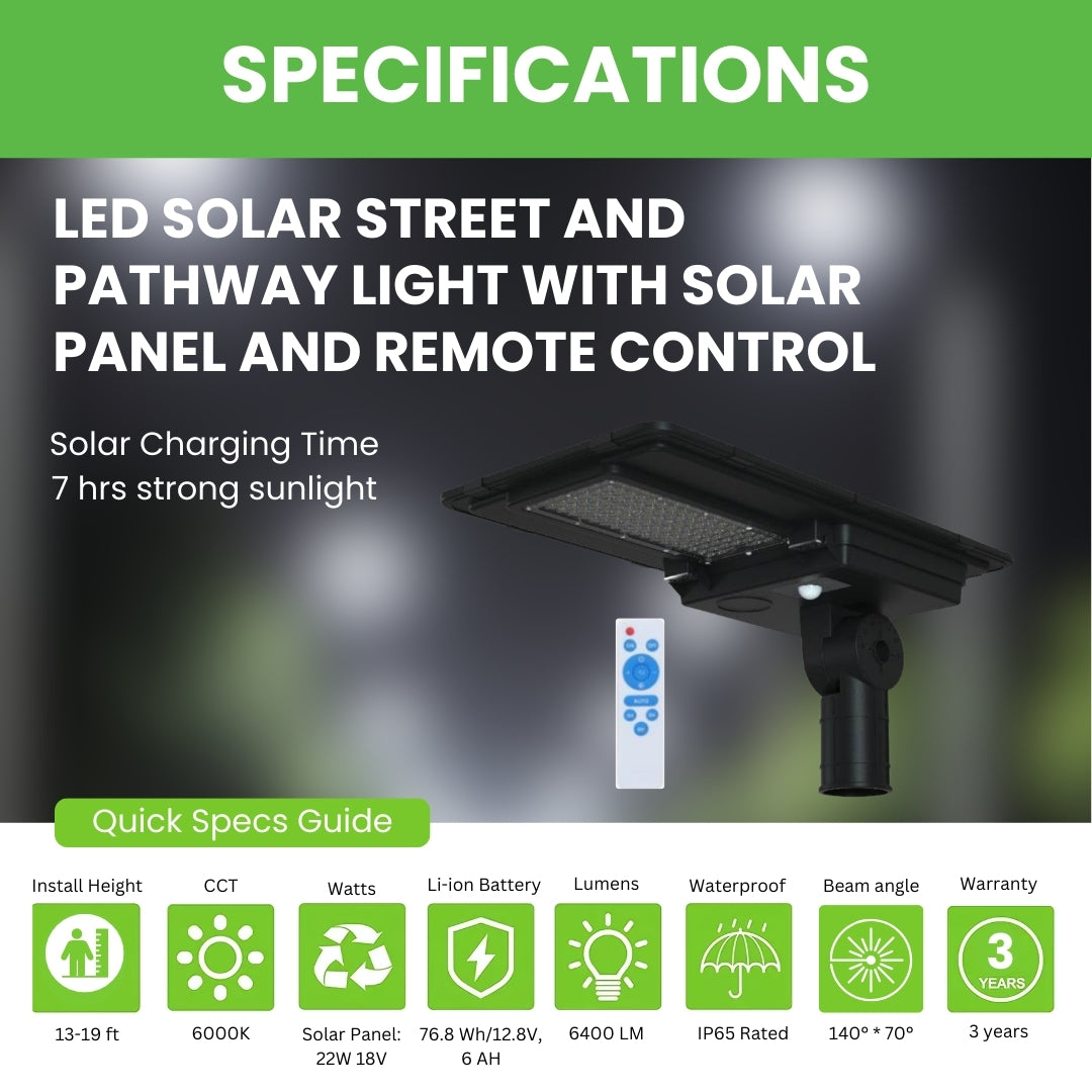 LED Solar Street and Pathway Light with Solar Panel and Remote Control - 40W - 6,400 Lumens - PIR Sensor Included - 4 Pack