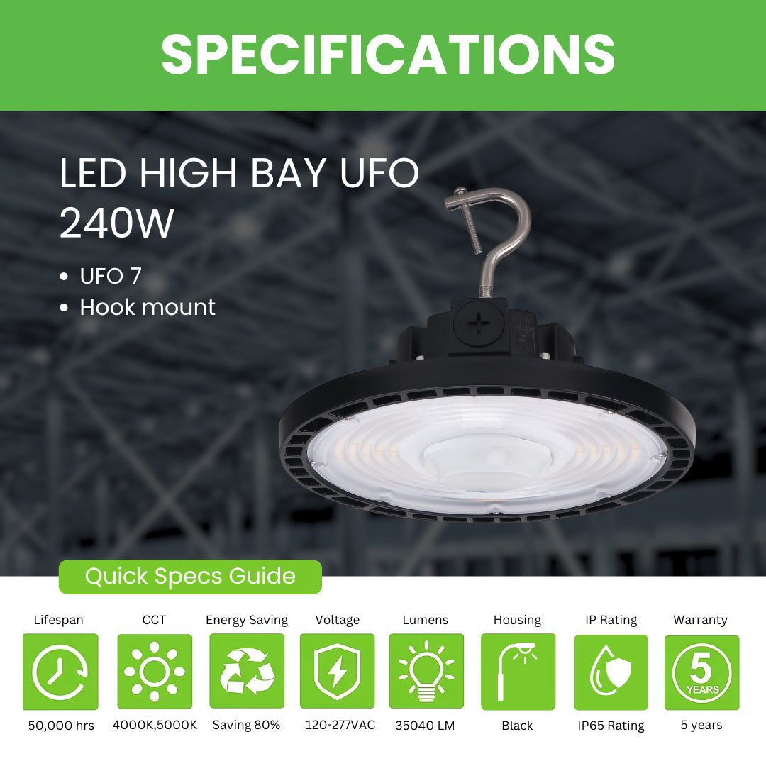 LED High Bay - 146 LM/ W- Wattage Tunable (240/200/150W) - CCT Selectable (5000K/4000K) - UFO7 - Hook Mount - Black -PIR Motion Sensor - UL DLC 5.1 Premium