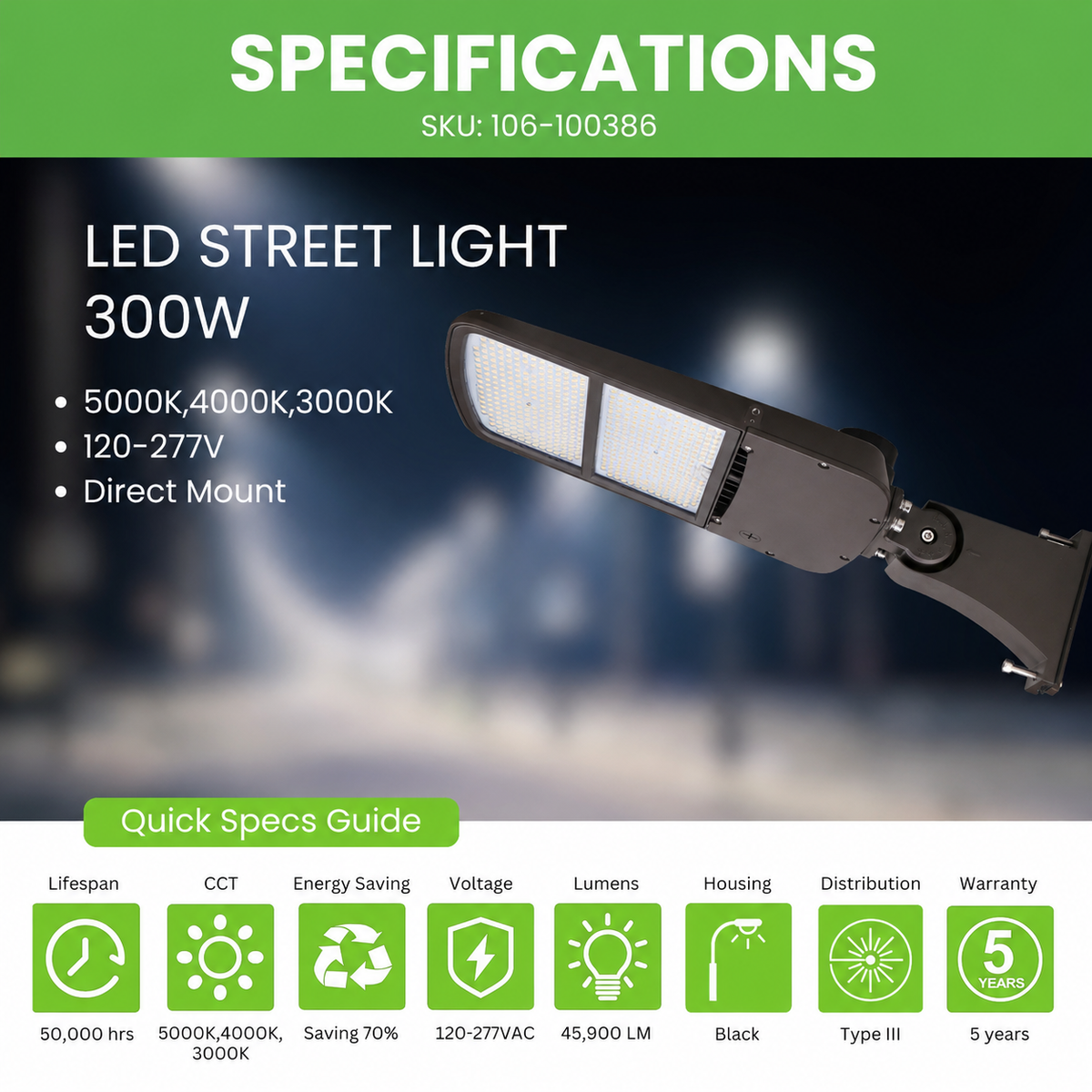 LED Street Light - 300W - 153 LM/W - CCT Tunable - Shorting Cap - Direct Mount + 10KV Surge protection - AL5 Series - UL+DLC 5.1 Premium