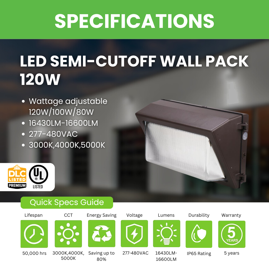 LED Wall Light - Wattage Tunable (120W/100W/80W) - 135LM/W - Photocell Included - High Voltage - SWP5 - Glass Lens - Forward Throw - UL + DLC 5.1 Premium Listed