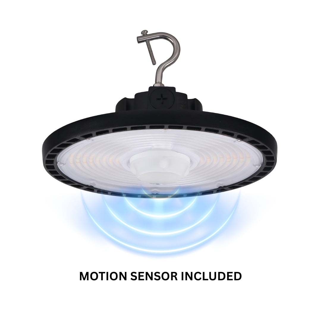LED High Bay - 146 LM/ W- Wattage Tunable (240/200/150W) - CCT Selectable (5000K/4000K) - UFO7 - Hook Mount - Black -PIR Motion Sensor - UL DLC 5.1 Premium