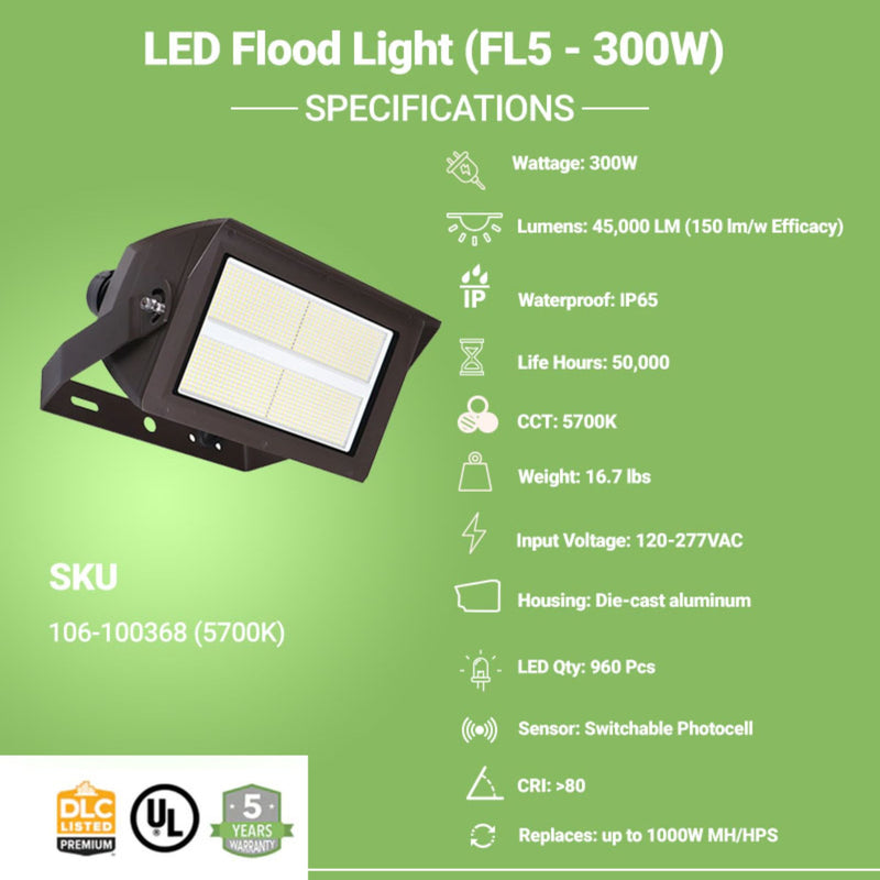 Specifications of led flood light with flood mount 300W  by Greenlight depot