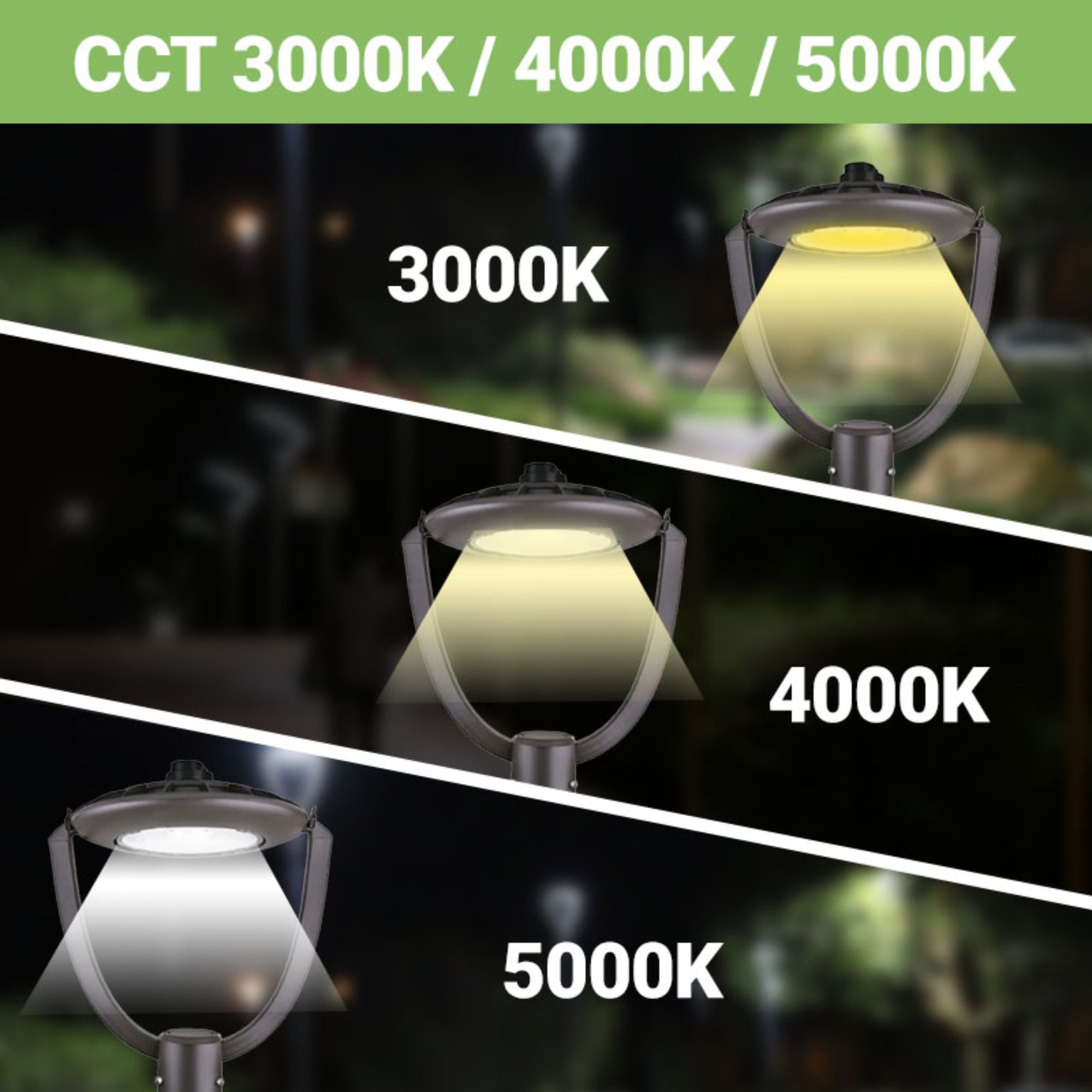 CCT of led post top light garden light by greentek energy system greenlight depot
