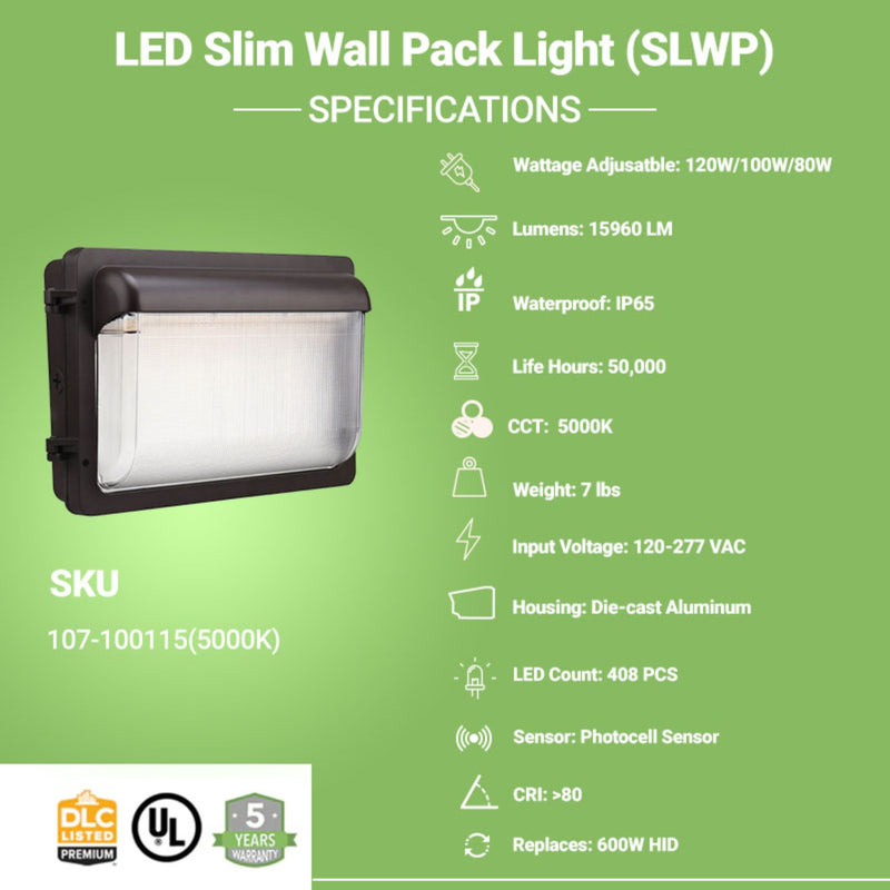 LED Slim Wall Pack Light - 120W - Wattage Selectable - 15960 Lumens - Photocell Included - SLWP - Forward Throw - UL DLC 5.1 Listed