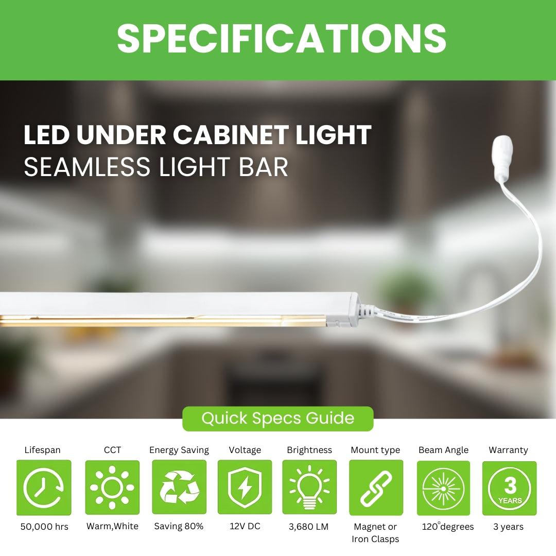 LED Under Cabinet Light - 4 Seamless Light Bar + Power Supply