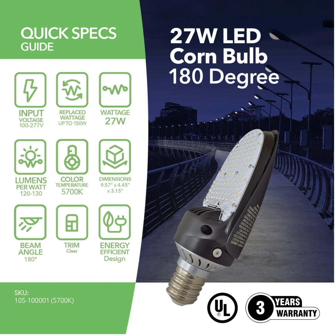 27W LED Corn Bulb E39 - CBH - 180 Degree Directional - 150W HID Replacement - UL Listed