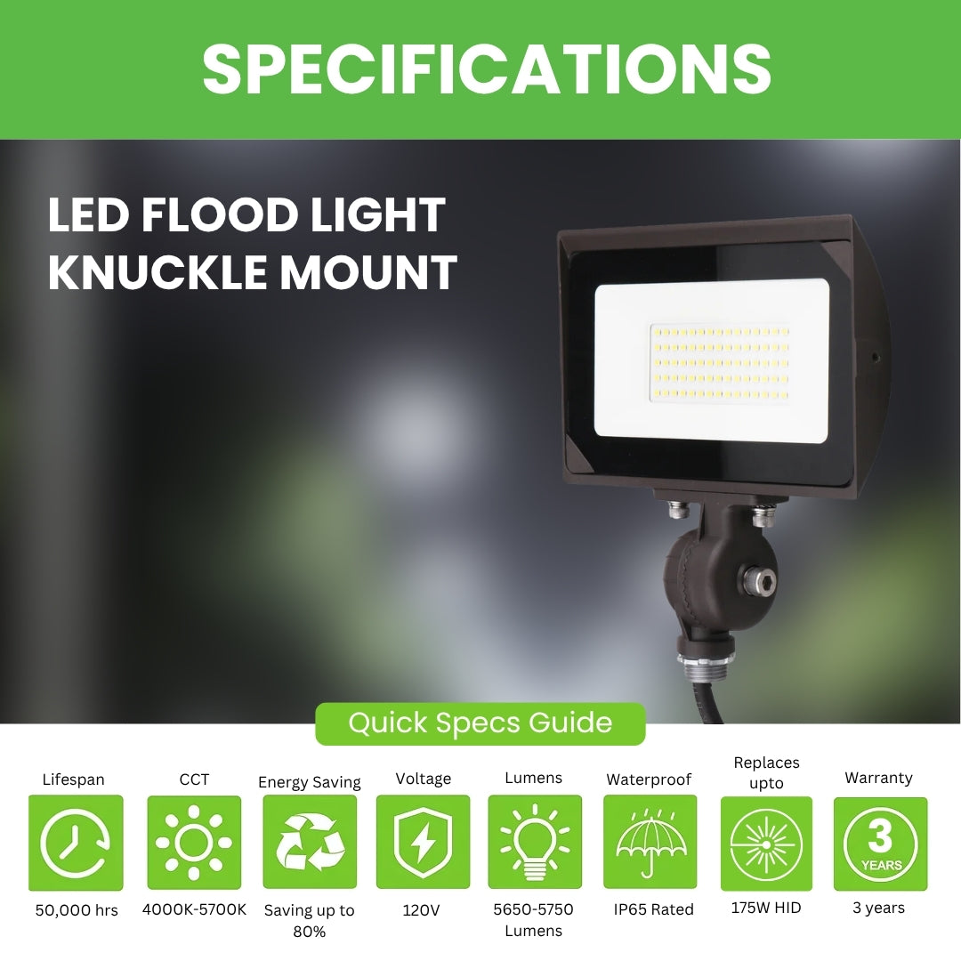 LED Flood Light 50W 5750 Lumens Knuckle Mount Outdoor Landscape Light UL Listed IP65 4000K 5000K