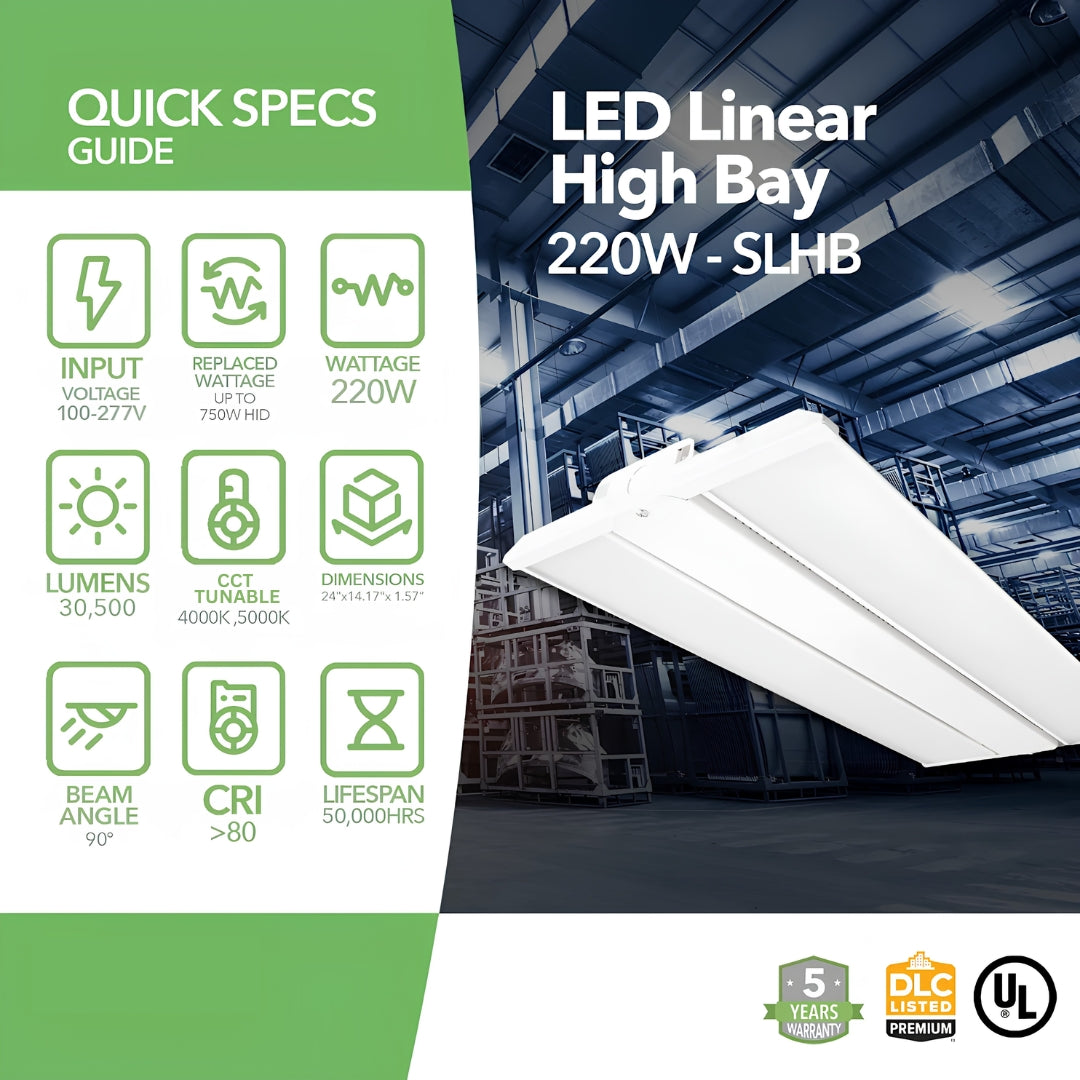 220W LED Linear High Bay Light - 4000K/5000K Color Selectable - 2ft - Chain Mount - UL DLC Premium