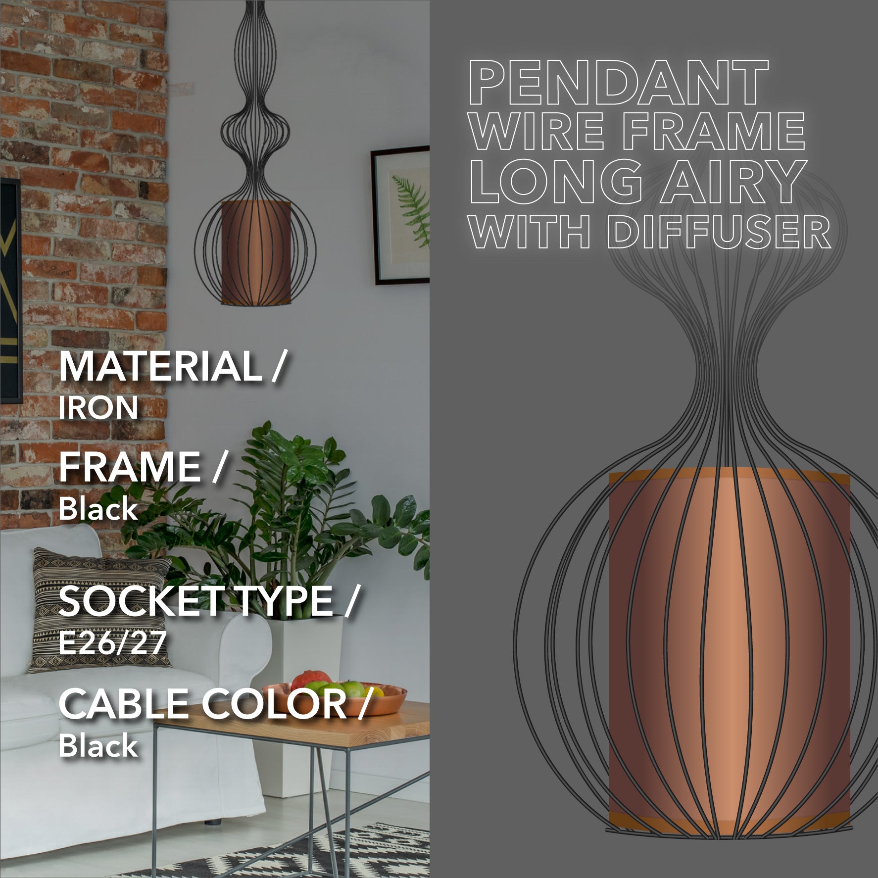 Modern Black Wire Frame Pendant Light with Diffuser – E26/E27 Hanging Ceiling Fixture