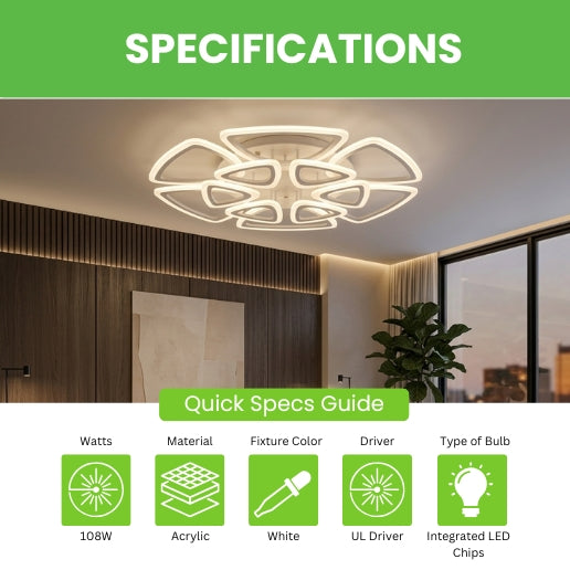 Modern Acrylic 12-Head LED Ceiling Light Fixture – 108W Flush Mount Contemporary Ceiling Chandelier with Integrated LED Chips – White