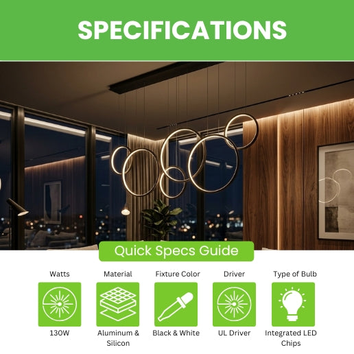 Modern 6 Ring LED Linear Suspension Chandelier Light Black & White 130W Contemporary Ceiling Fixture