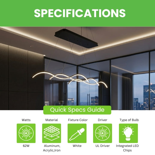 Modern LED Wave Chandelier Linear Suspension Light – 3 Head Hanging Ceiling Fixture
