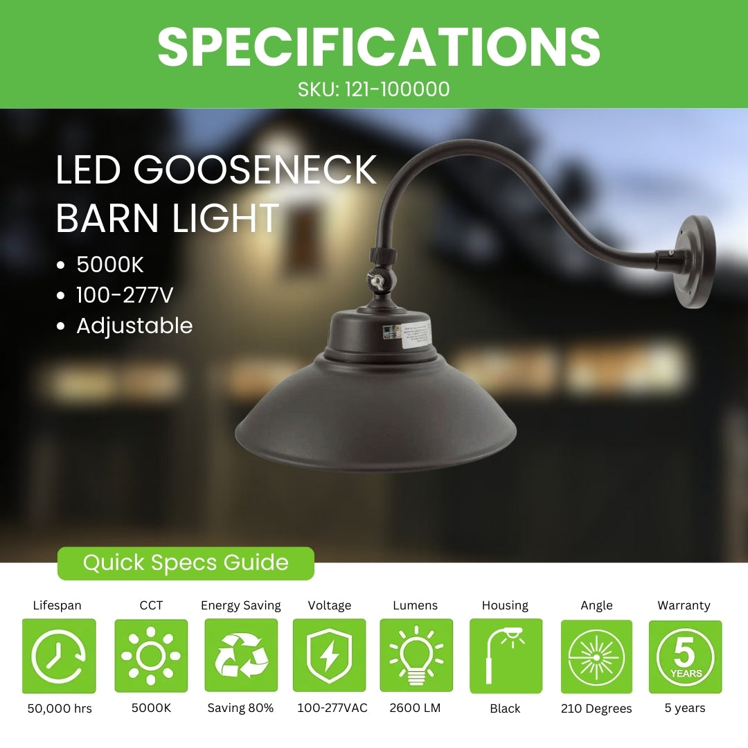 LED Gooseneck Barn Light - 20W - Swivel Head - UL + DLC 5.1 Premium