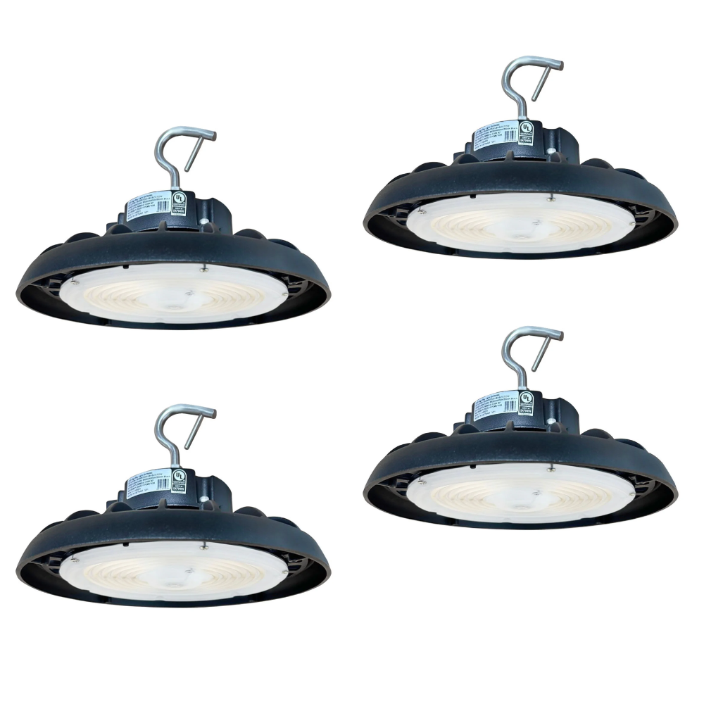 LED High Bay - 150W Wattage Tunable - 148 lm/w - CCT Selectable - 4 Pack - UFO5 - Hook Mount - Black - UL DLC 5.1