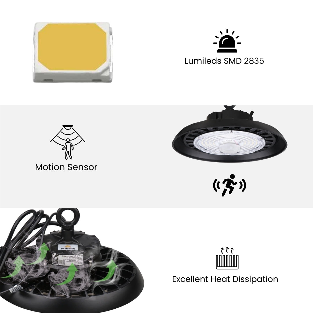LED UFO High Bay - 100W/150W/200W - 4000K/5700K - UHBM - Motion Sensor - Hook Mount - UL + DLC 5.1 Premium