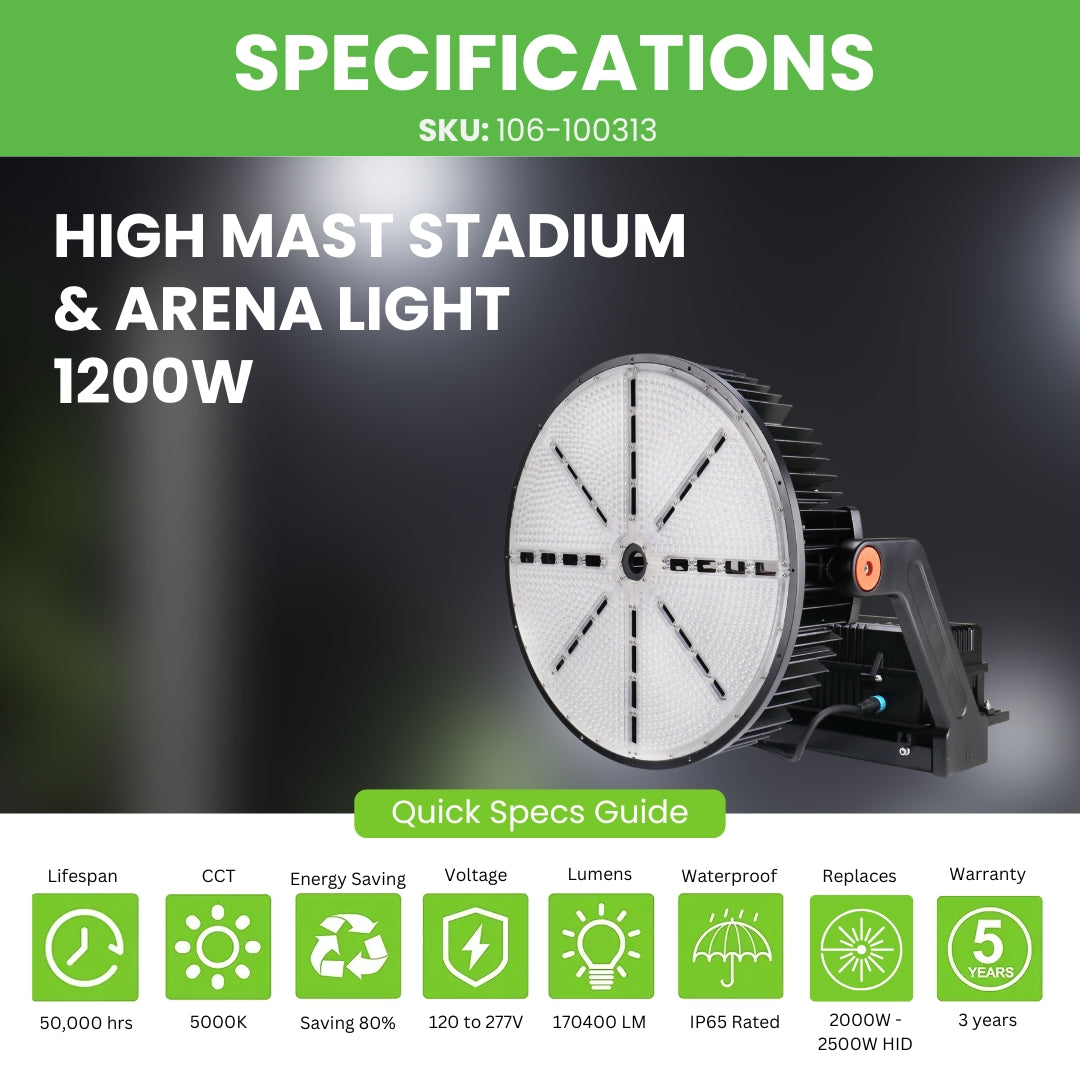 1200W High Mast Stadium & Arena Light - Wattage Adjustable – 171,600 Lumens LED Sports Flood Light Fixture for Stadiums, Arenas & Sports Fields – UL & DLC 5.1 Premium – 5 Year Warranty