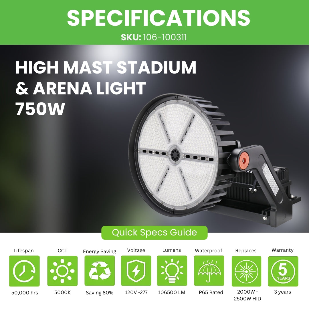 750W High Mast Stadium & Arena Light - (Wattage Tunable) - 106500 LM - Sport Light - (UL+DLC 5.1 Premium) - 5 Year Warranty