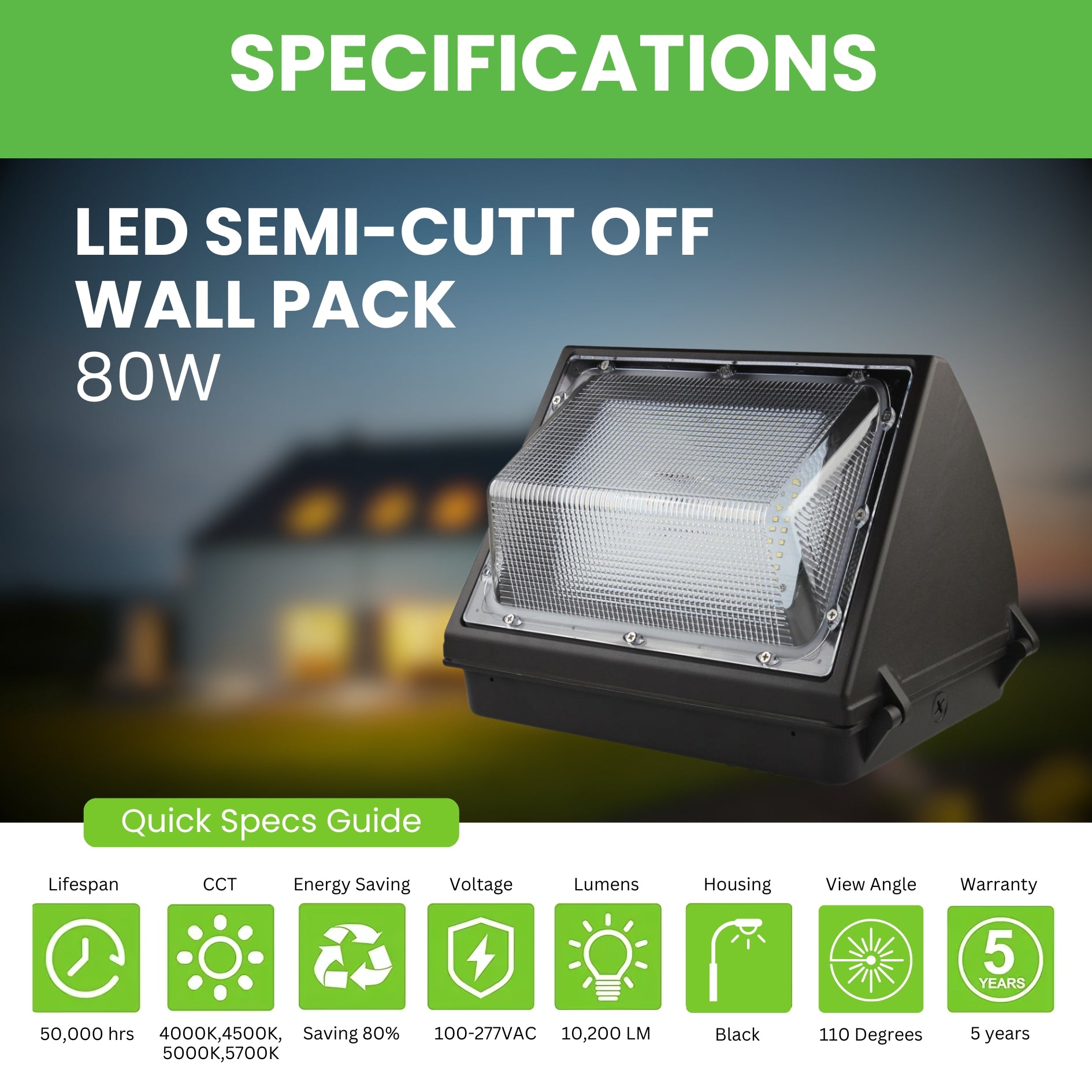 LED Wall Pack Light - 80W - 10,200 Lumens - SWP01 - Glass Lens - Forward Throw - White - UL Listed