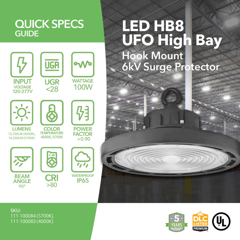LED High Bay UFO - 100W - 14,100 Lumens - HB8 - Hook Mount - 6kV Surge Protector - UFO Series - UL+DLC5.1