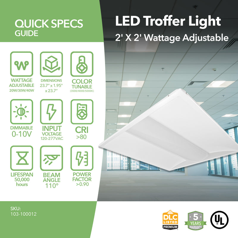 LED Troffer Light - 2' X 2' - 2 Pack - Wattage Adjustable (20W/30W/40W) and Color Tunable (3500/4000/5000K) - Dimmable - (UL + DLC 5.1)