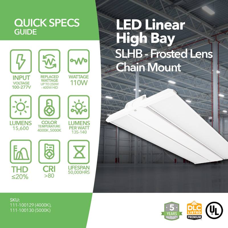LED Linear High Bay - 110W - SLHB - Frosted Lens - 2ft - Chain Mount - (UL+DLC)