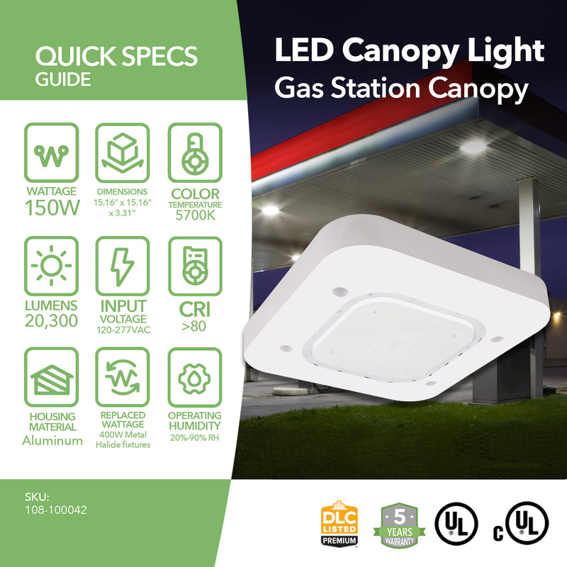 LED Canopy Light - 150W - Gas Station Canopy - 5700K - (UL + DLC Listed)