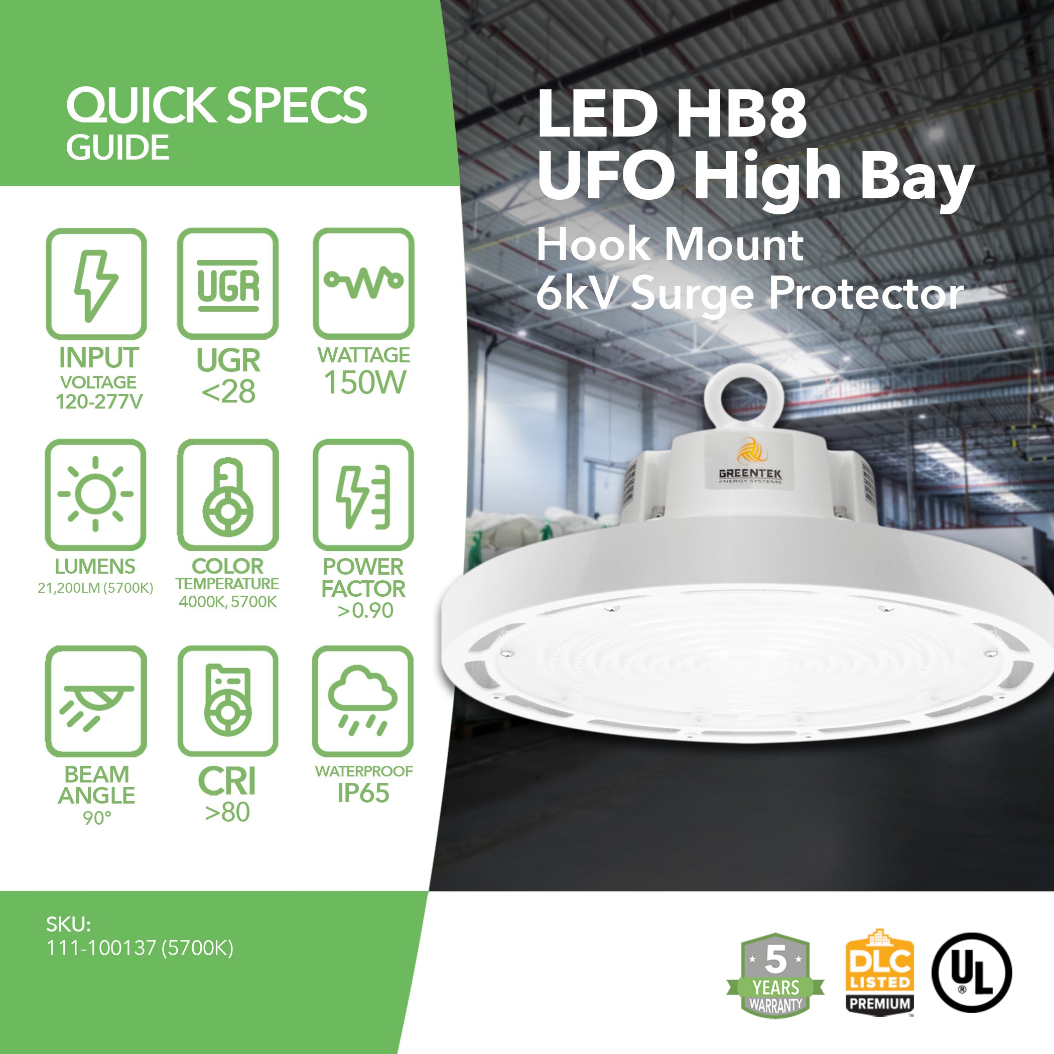 LED High Bay - 150W - 21,200 Lumens - HB8 - Hook Mount - 6kV Surge Protector - UFO Series - White - UL+DLC5.1