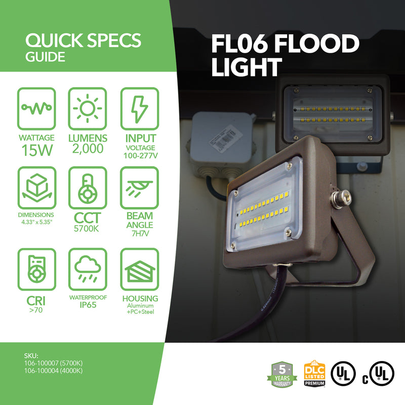 LED Flood Light - 15W -Flood Mount - (UL+DLC) - 5 Year Warranty