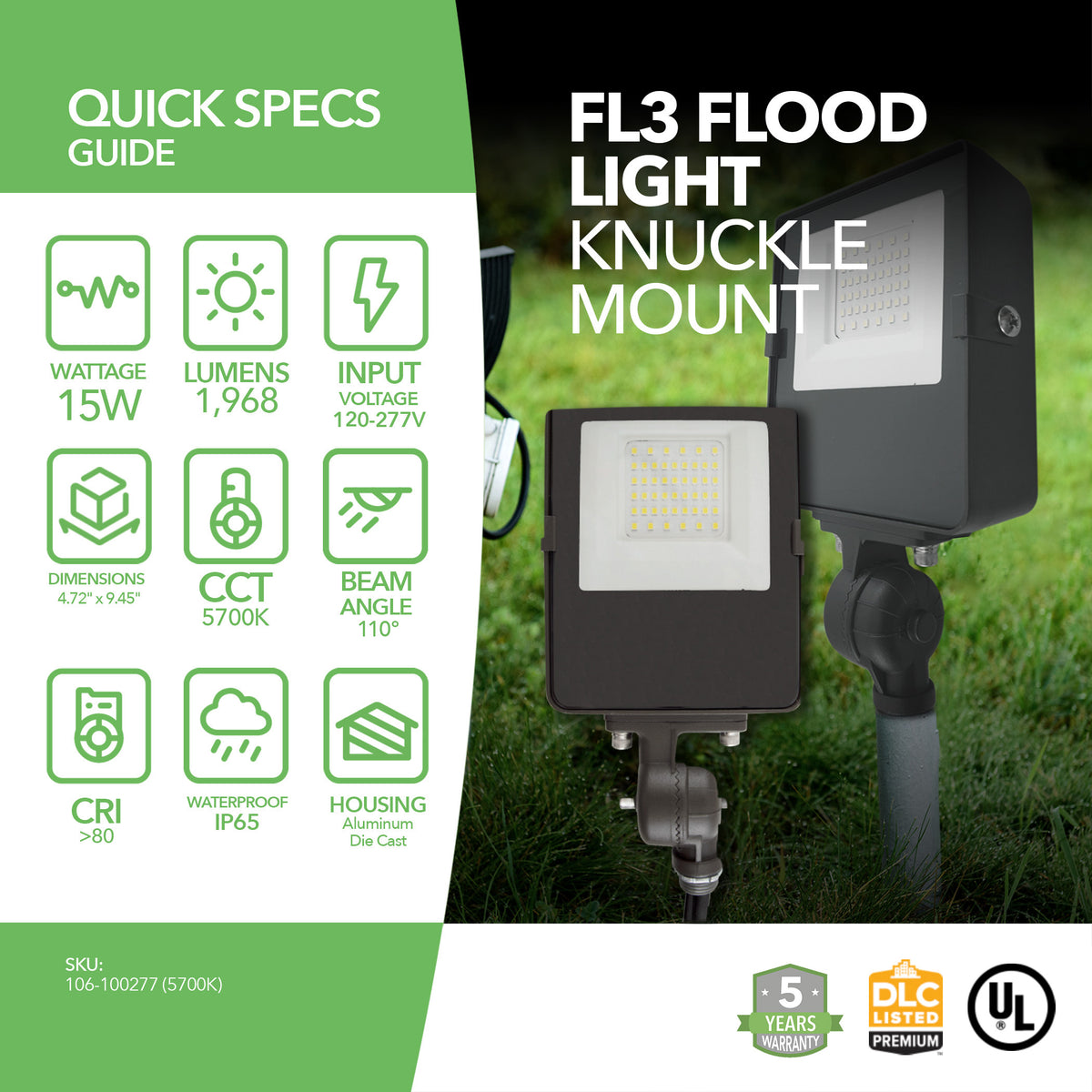 LED Flood Light - FL3 - 15W - 1968lm - Knuckle Mount - Landscape - (UL+DLC 5.1 Premium)