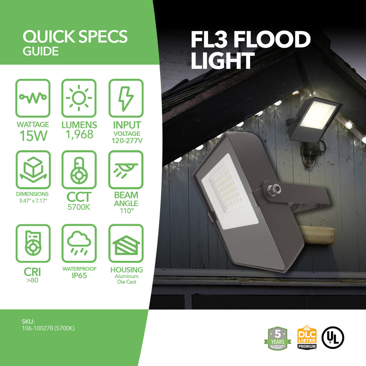 LED Flood Light - FL3 - 15W - 1968lm - Flood Mount - (UL+DLC 5.1 Premium)