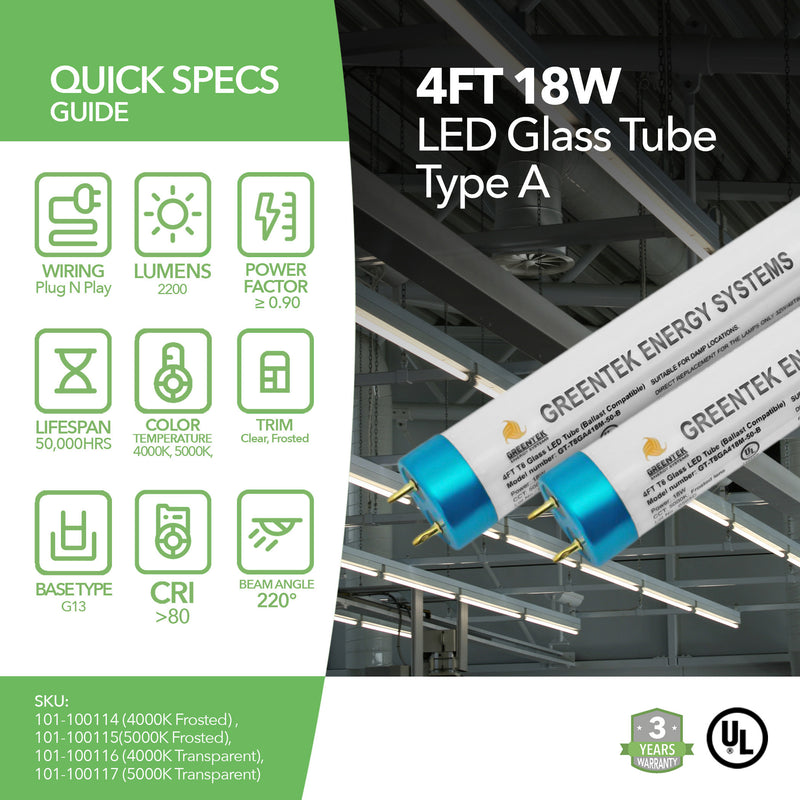 4ft 18W LED Linear Tube - Glass - Ballast Compatible Only - Safety Thermal Fuses - Plug N Play - Will ONLY Work With A Ballast - (UL Type A)